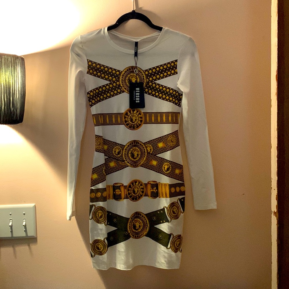 Versus Versace bodycon dress long sleeve lunga stampata belt print RARE